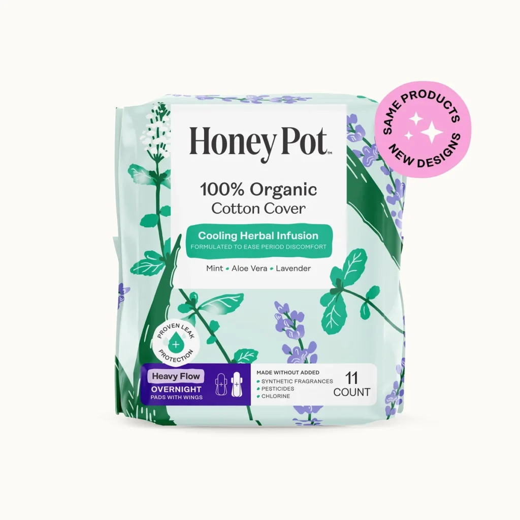 The Honey Pot Organic Cotton Cover Cooling Herbal Infusion Heavy Flow Overnight Pads