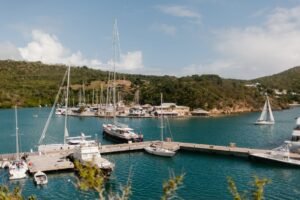 Aerial shot of a marina with sailboats and yachts moored by lush green hills.