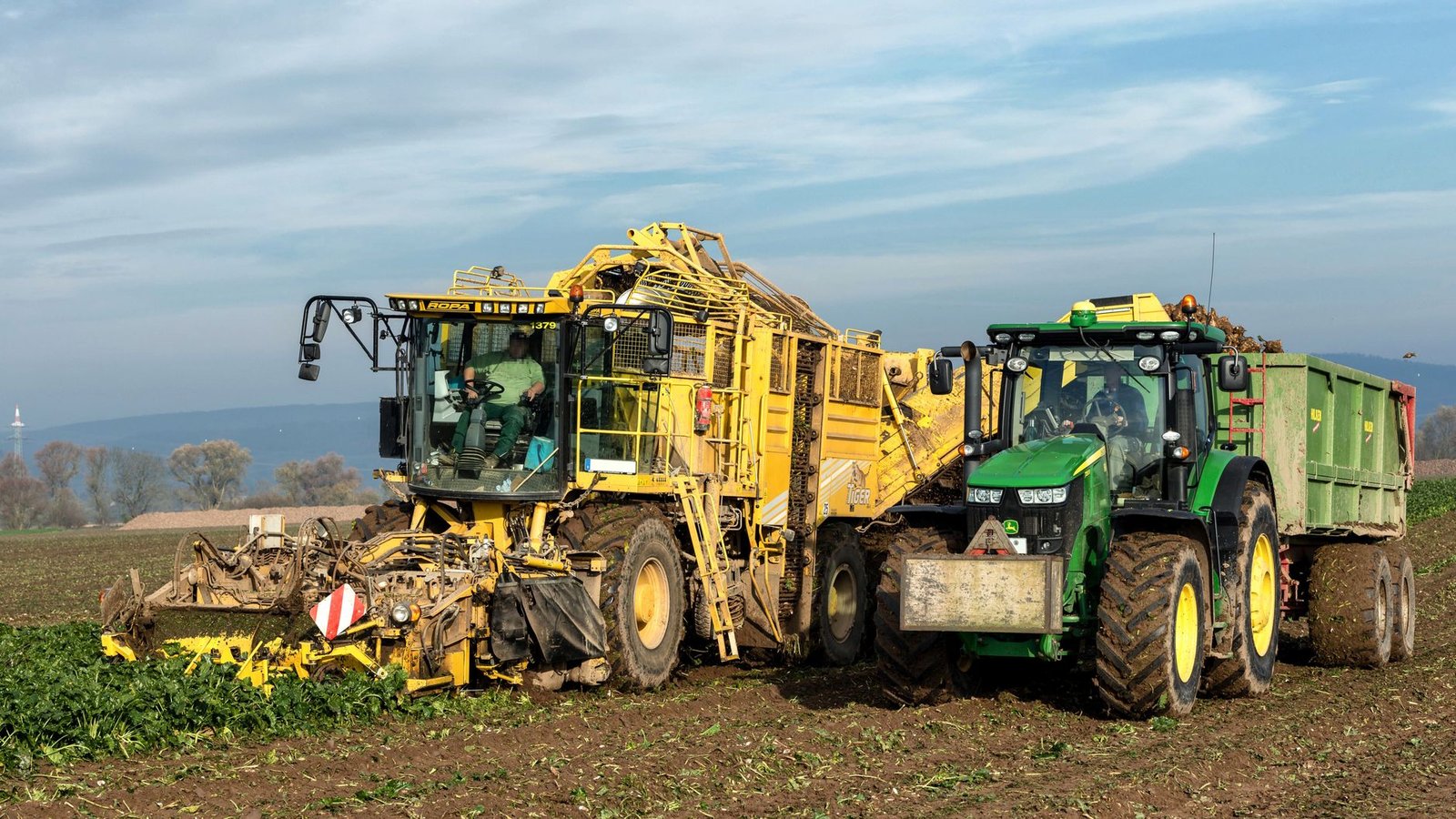 Harvester and tractor harvesting crops in Paderborn field.
