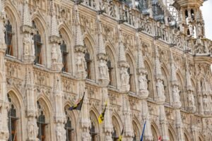 Ornate facade of the historical Leuven Town Hall in Belgium.