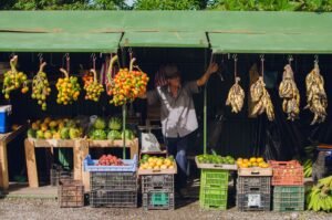 Vibrant fruit stand in Puntarenas, Costa Rica with bananas, tomatoes, and more.