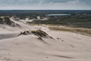 Captivating view of sand dunes and landscape at Skagen, Denmark, under a cloudy sky.