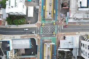 Drone capture of busy intersection in Santo Domingo, Ecuador, showcasing urban traffic flow and city infrastructure.