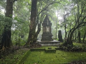 Misty temple structure in lush Doi Inthanon National Park, Thailand