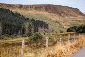 Idyllic landscape of Brecon Beacons with lush greenery and rolling hills in Wales.