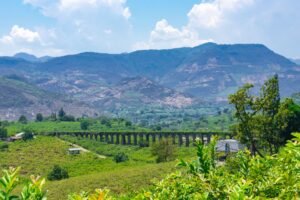 Lush green countryside of Jungapeo, Michoacán, Mexico with distant mountains and clear skies.