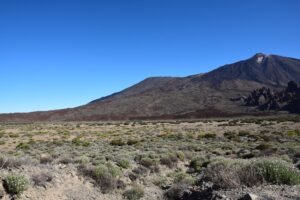 Breathtaking landscape of Mount Teide and arid terrain in Tenerife under clear blue sky.