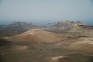 Stunning view of the Timanfaya National Park's volcanic terrain in Lanzarote, Spain.