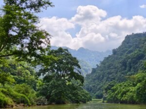 Serene view of a river flowing through lush green mountains under a bright sky.